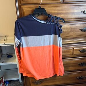 SHEIN Navy and Orange Color Block Long Sleeve Top
